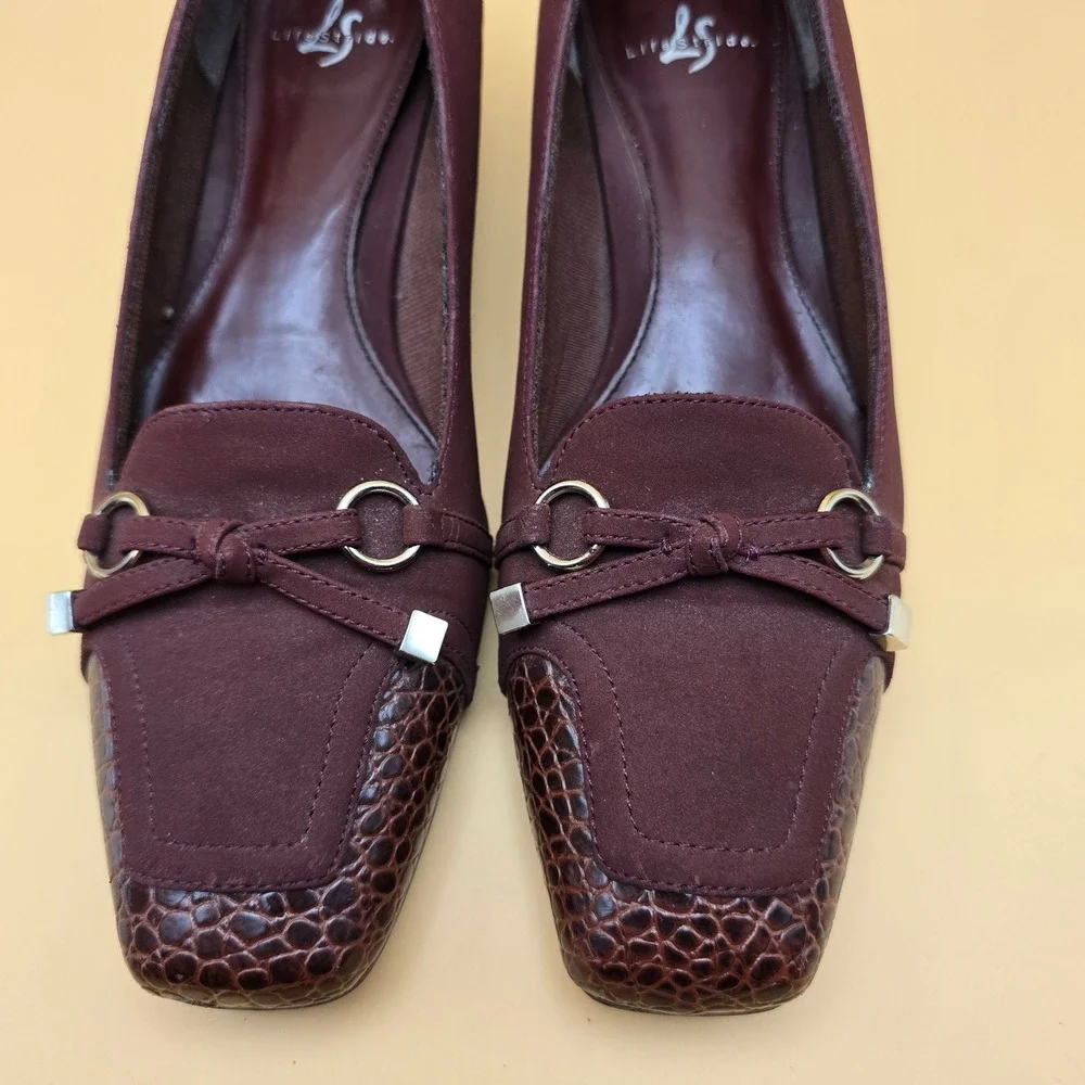 LifeStride Lure Burgundy Faux Croc Square Toe Low Block Heel Pumps Mens 8N